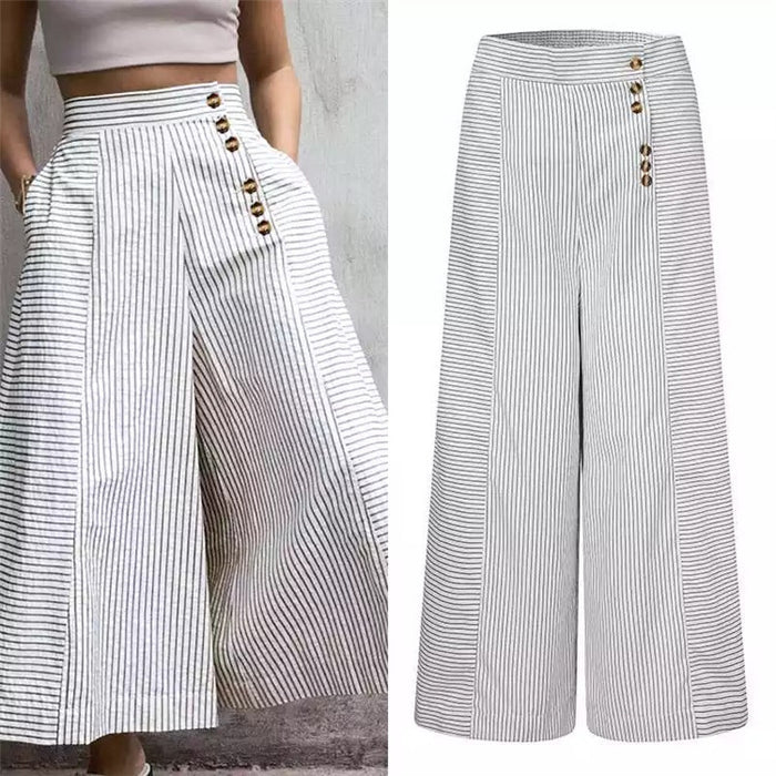 New Style Decorative Buckle Irregular Stripes Loose Loose Casual Wide-Leg Trousers