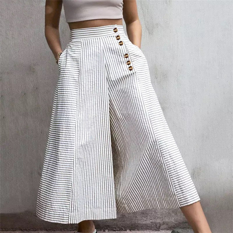 New Style Decorative Buckle Irregular Stripes Loose Loose Casual Wide-Leg Trousers