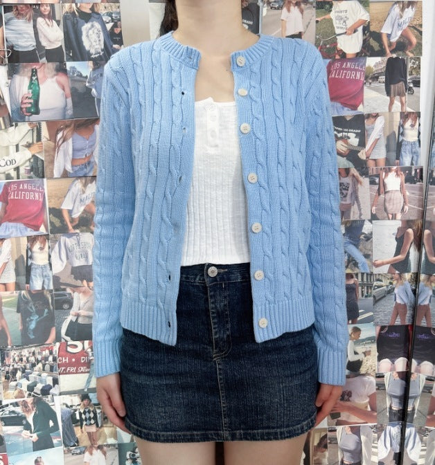 American Retro Blue Twist Knitted Cardigan