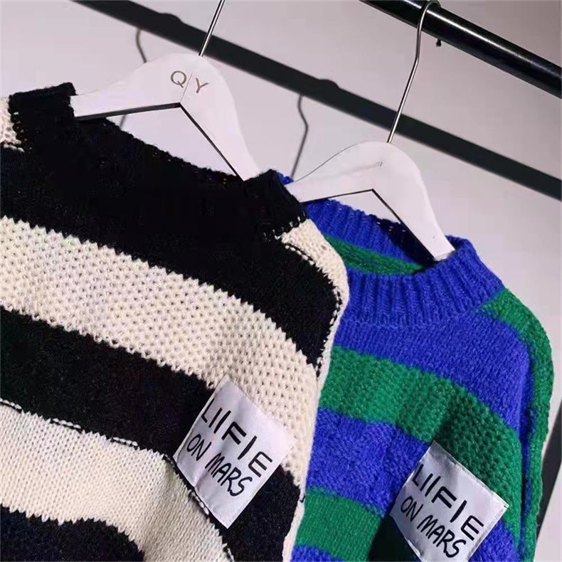 Striped Thick Wool Retro Knitted Sweater Women