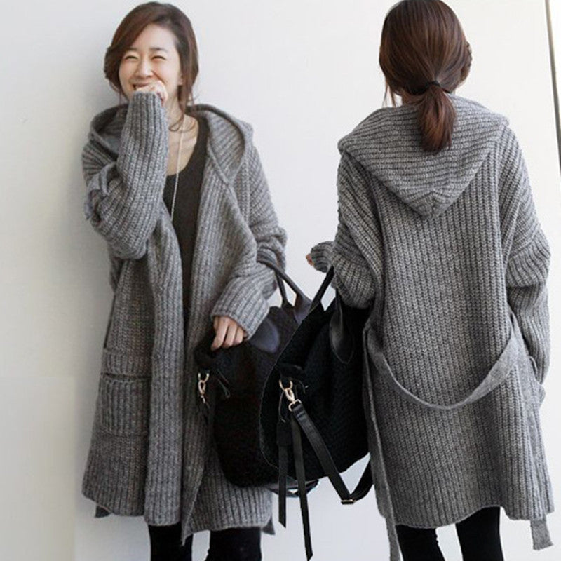 Women's Mid-length Hooded Waist Wide Loose Sweater Coat