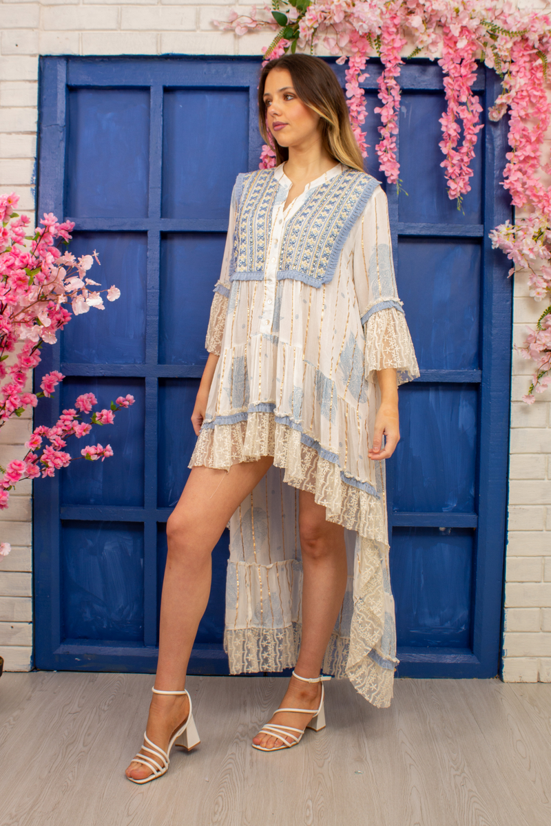 Women's 3/4 Sleeve V Neck Tiered Holiday Boho Dresses With Lace and Ruffles
