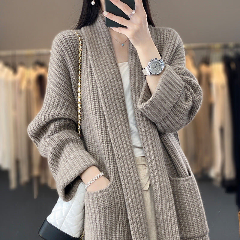 New Lazy Wind Mid-length V-neck Sweater Coat Women