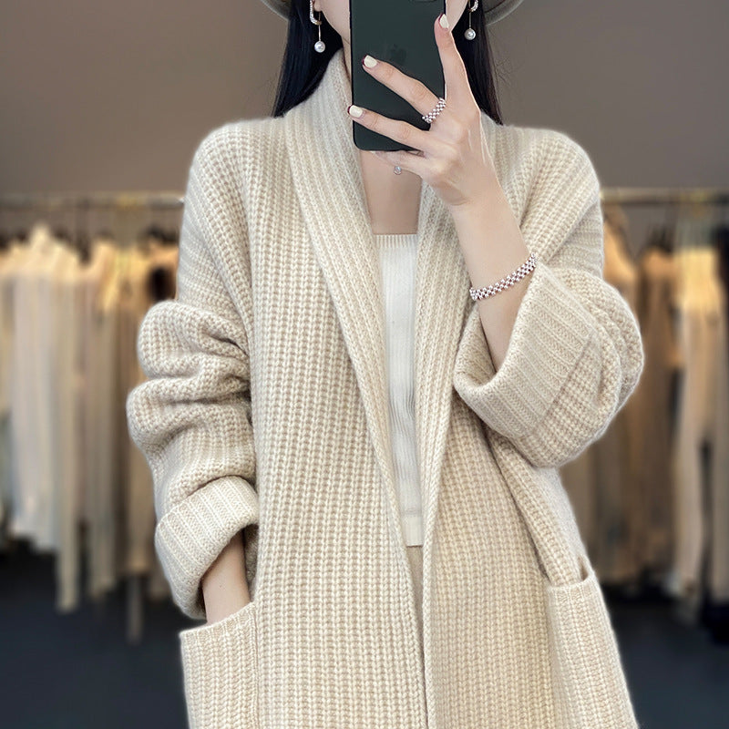 New Lazy Wind Mid-length V-neck Sweater Coat Women