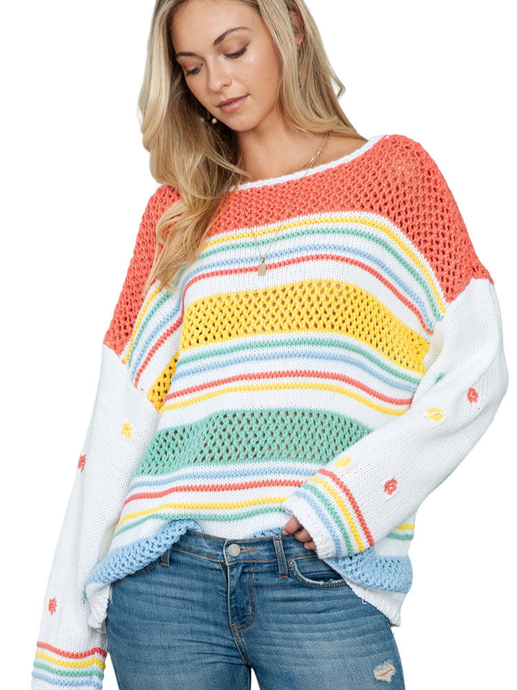 European And American Leisure Idle Style Colorized Sweater Women's Mixed Color Stripe Pullover Women