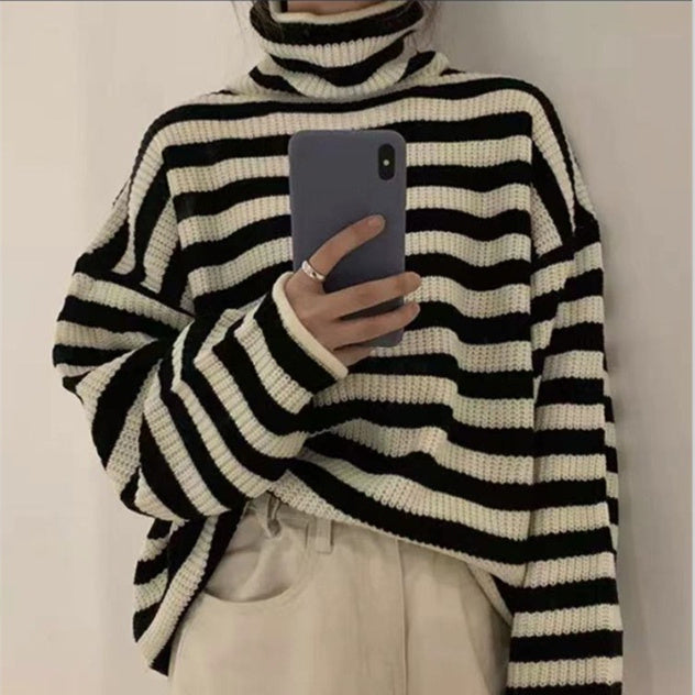 Striped Turtleneck Sweater Loose Pullover