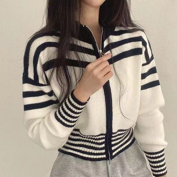 Spring And Autumn Retro Contrast Color Zipper Stand-up Collar Cinched Cropped Sweater Coat