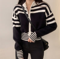 Spring And Autumn Retro Contrast Color Zipper Stand-up Collar Cinched Cropped Sweater Coat