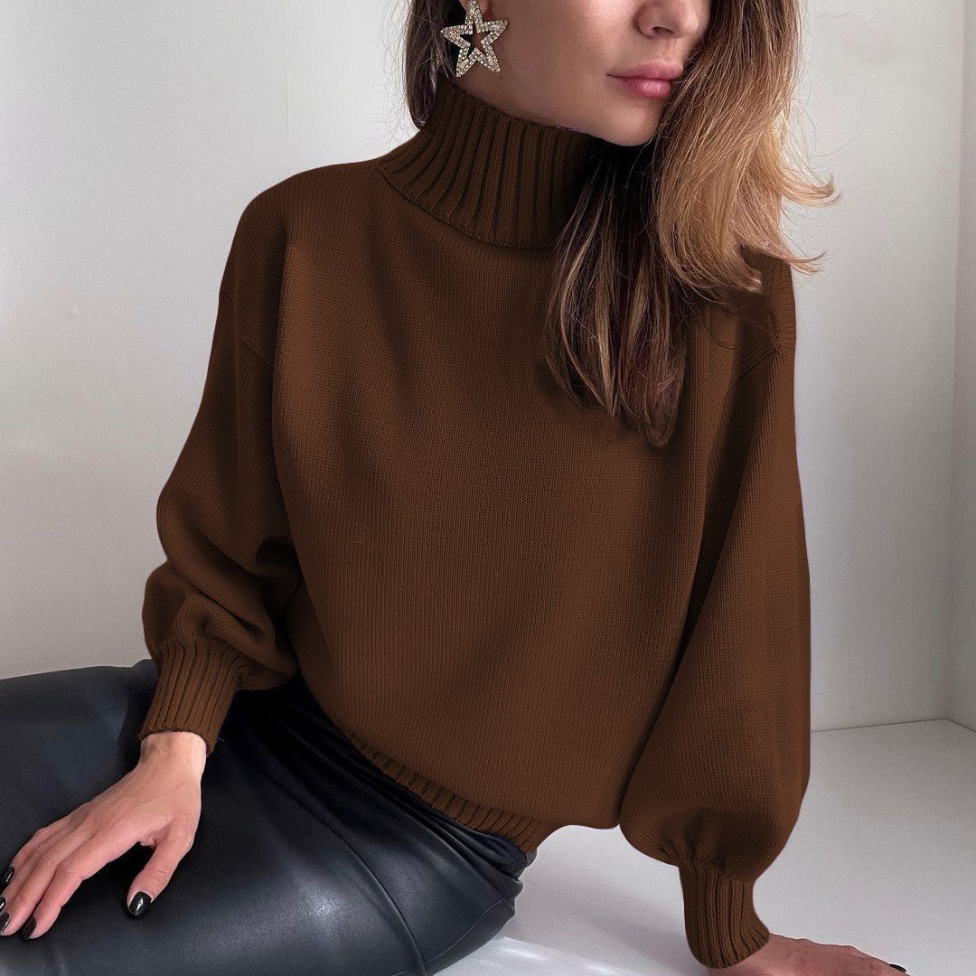 Solid Color Puff Sleeve Turtleneck Fashion Casual Sweater