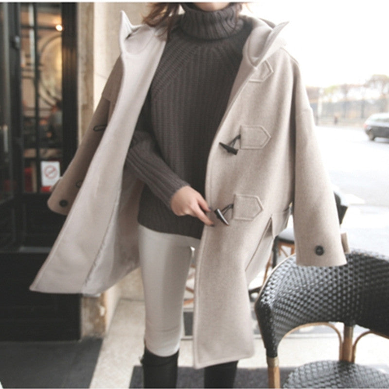 Autumn New Korean Style Hooded Cotton Addition Thick Woolen Coat Women