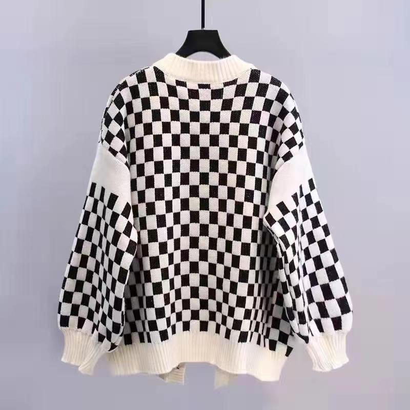 Chessboard Plaid Sweater Knitted Cardigan New Japanese Lazy Style Loose Top Coat