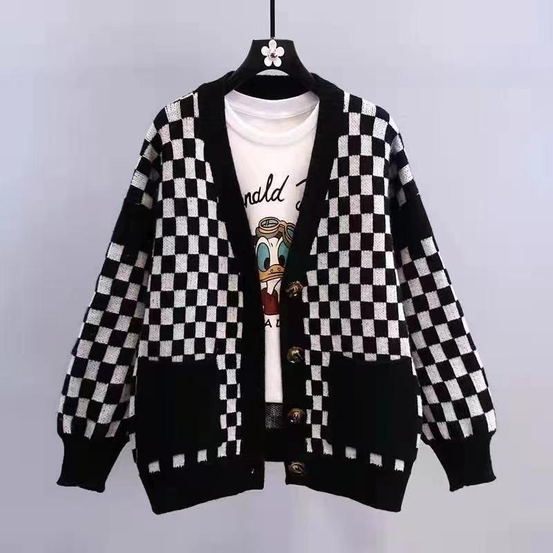 Chessboard Plaid Sweater Knitted Cardigan New Japanese Lazy Style Loose Top Coat