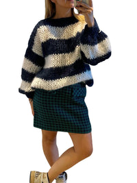 Round Neck Loose Blue And White Striped Sweater