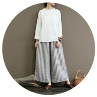 Slimming Draping Casual Retro Cotton And Linen Stripes Wide Leg Pants For Women