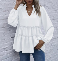 Solid Color And V-neck Ruffled Hem Shirt