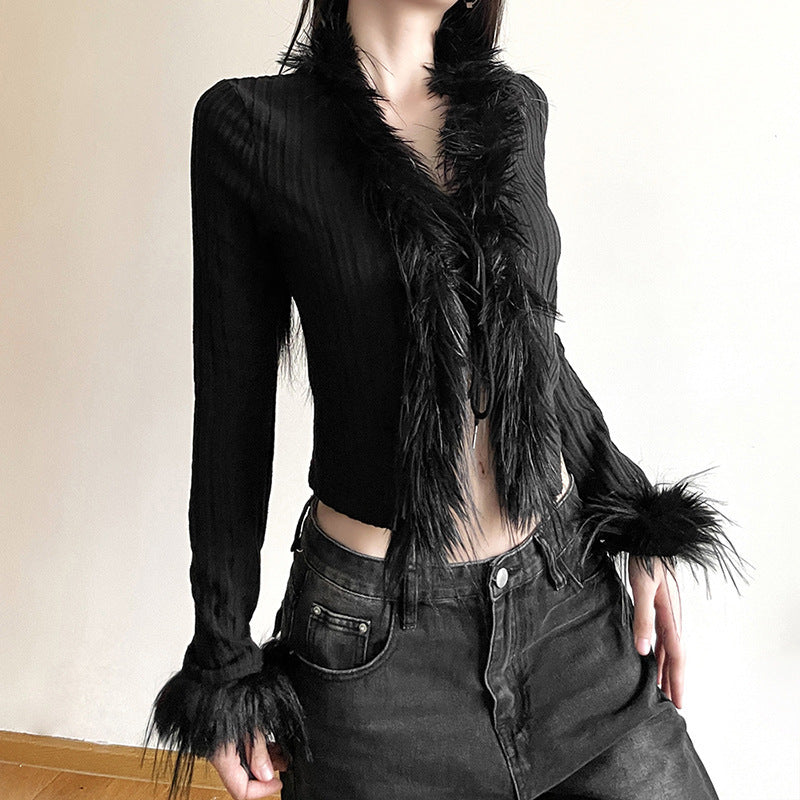 Women's Knitted Fashionable Plush Lace-up Cardigan Waist-tight Navel-exposed Woven Shirt