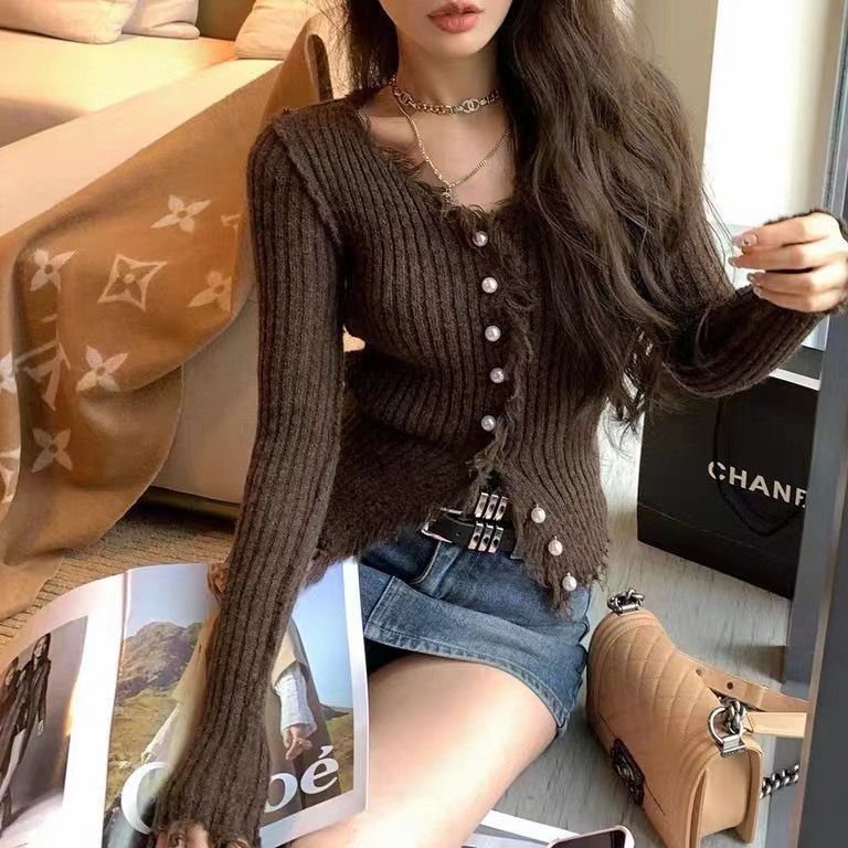 V-neck Sweater Solid Color Slim Fit Sunken Stripe Thick Burr Design Knitted Cardigan For Women