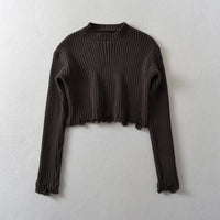 Frayed Round Neck Pullover High Waist Short Thickened Sweater