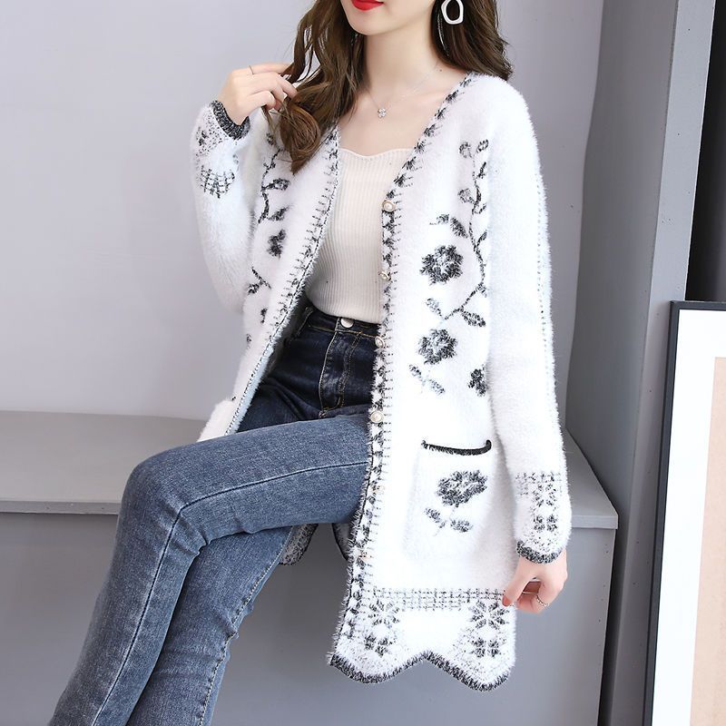 Autumn And Winter Cardigan Knitwear Women's Mid-length Sweater Coat