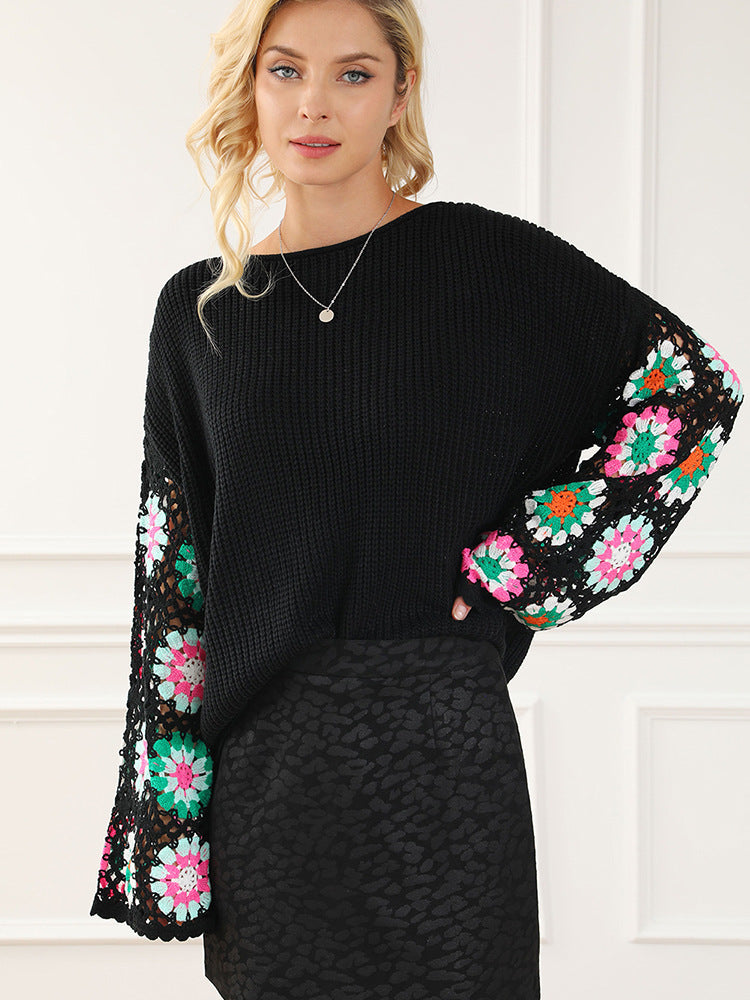 Women's Casual Loose Floral Crochet Knitted Sweater