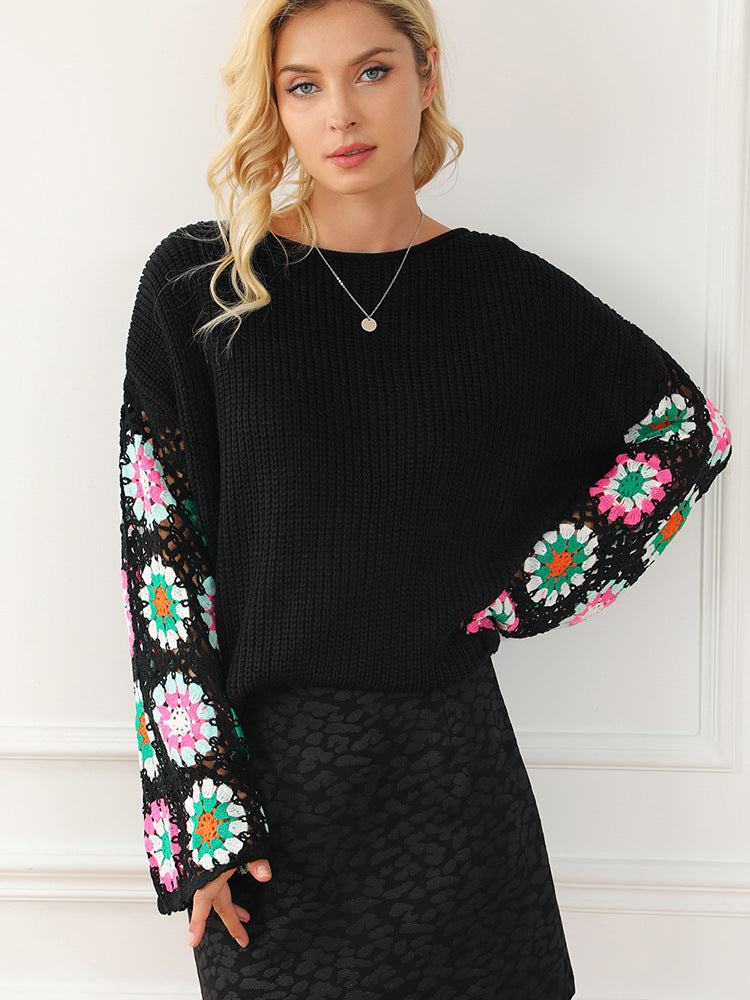 Women's Casual Loose Floral Crochet Knitted Sweater