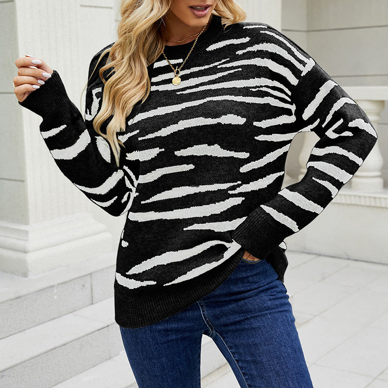 Autumn And Winter New Striped Sweater Pullover Tiger Pattern Color Matching Sweater For Women