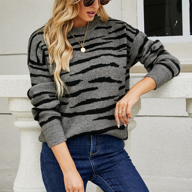 Autumn And Winter New Striped Sweater Pullover Tiger Pattern Color Matching Sweater For Women