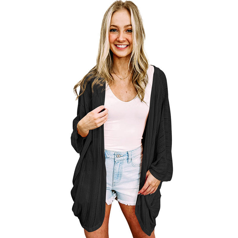 Summer Solid Color Knitted Wool Long-sleeved Shirt Thin Casual Loose Cardigan For Women