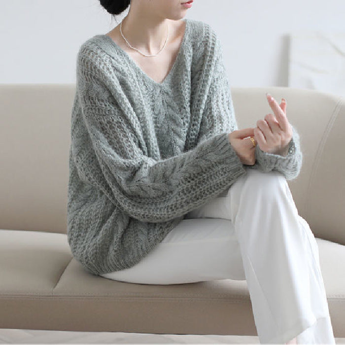 Gentle Design Soft Glutinous Sweater Hollow Out Mohair Knitwear