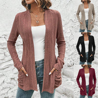 Autumn And Winter New Long Sleeve Solid Color Mid-length Knitted Cardigan Pocket Coat Sweater Women