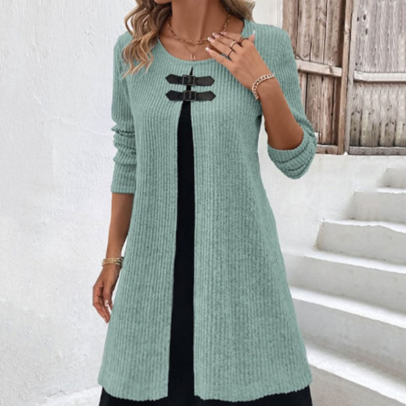 Contrast Color False Two-piece Suit Button Slim Fit Dress Sweater