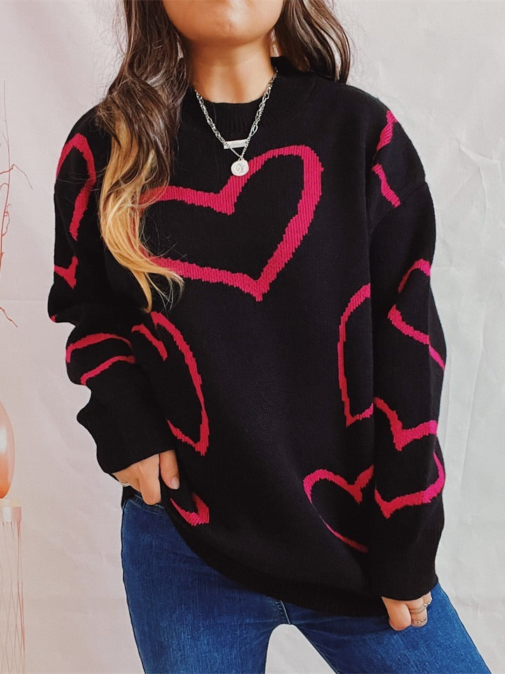 Love Pattern Sweater Round Neck Long Sleeve