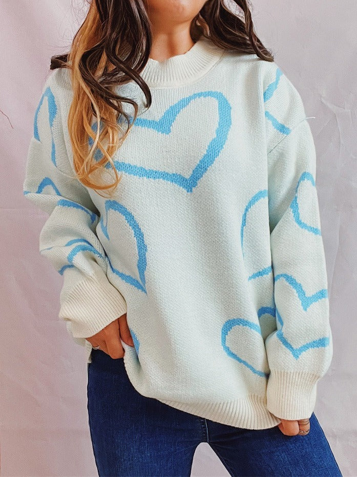 Love Pattern Sweater Round Neck Long Sleeve