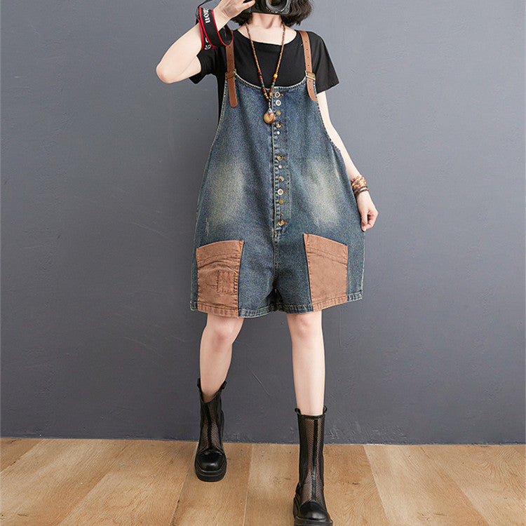 Personality Retro Contrast Color Casual High Waist Slim Denim Overalls