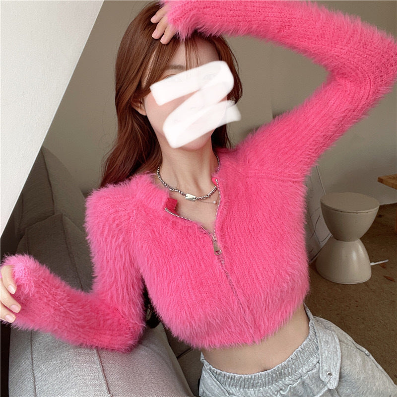 Pure Desire Style Hot Girl Mink-like Wool Short Sweater Top Elegant Slim Sexy Niche Cardigan