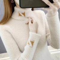 Women's Turtleneck Sweater Mink Fur Letter Jacquard Skinny Inner Match Western Style Knitted Bottoming Shirt