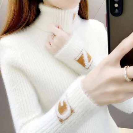 Women's Turtleneck Sweater Mink Fur Letter Jacquard Skinny Inner Match Western Style Knitted Bottoming Shirt