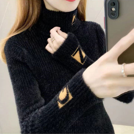 Women's Turtleneck Sweater Mink Fur Letter Jacquard Skinny Inner Match Western Style Knitted Bottoming Shirt