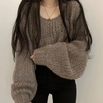 Women's Autumn And Winter Candy Color Pullover Loose Lantern Sleeve Knitted Sweater