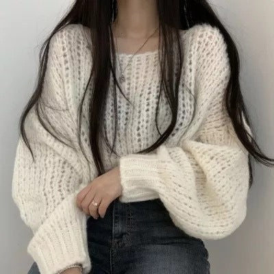 Women's Autumn And Winter Candy Color Pullover Loose Lantern Sleeve Knitted Sweater