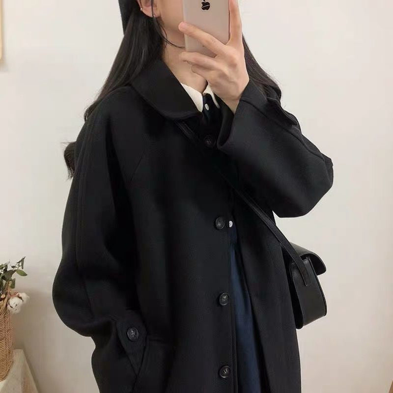 Korean Style High-grade Thickened Black Woolen Coat