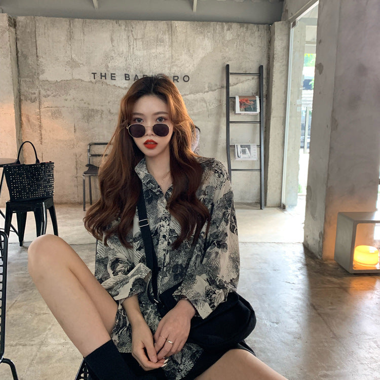 Retro BF Style Loose Casual Abstract Printing Long Sleeve Shirt