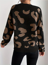 Leopard Print Off-shoulder Fluffy Knitted Round Neck Sweater