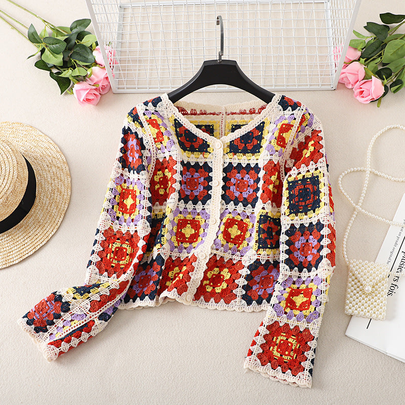 Vintage Chic Crochet Hollow Out V-neck Knitted Sun-proof Cardigan Coat