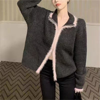 Sweet Contrast Color Long Sleeve Knitted Idle Style Zipper Sweater Cardigan For Women