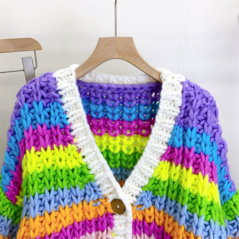 Hand-woven Rainbow Color-blocking Sweater Cardigan For Women