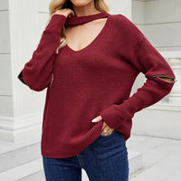 Sleeve Zipper Solid Color And V-neck Halter Sweater For Women