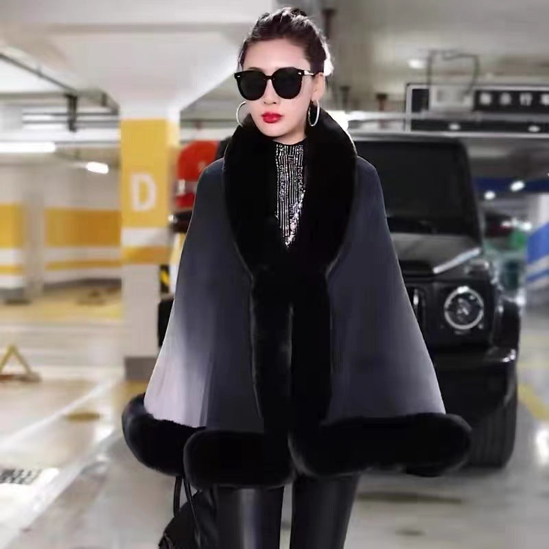 Plus Size Women's Knit Cardigan Jacket Fur Collar Gradient Shawl Cape