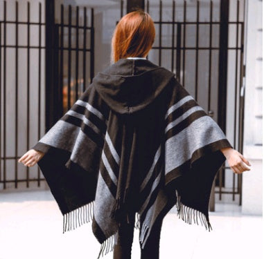 autumn and winter ladies cloak shawl hooded warm tassel scarf shawl dual-use thick shawl