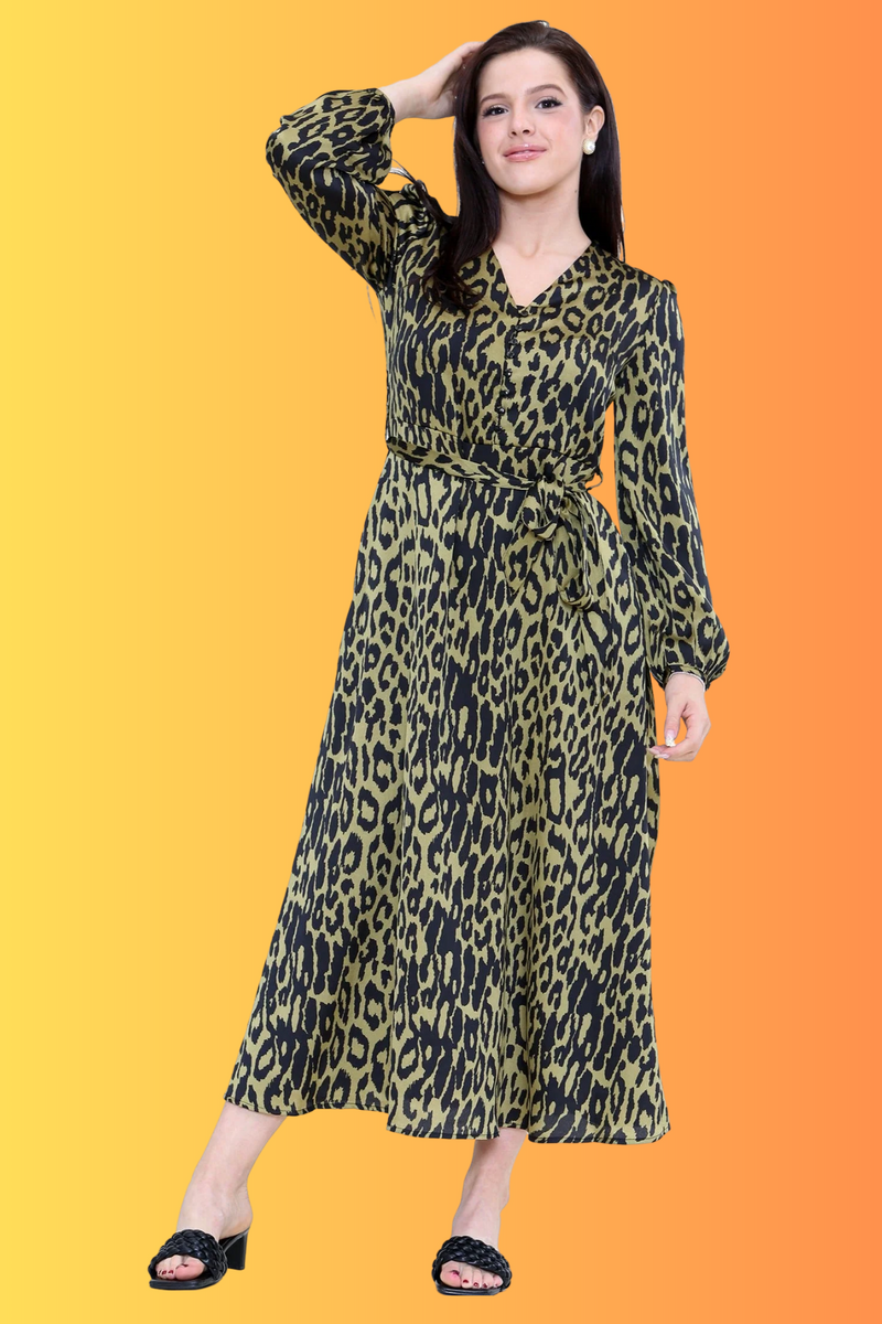Olive Leopard Print V Neck Satin Midi Maxi Dress